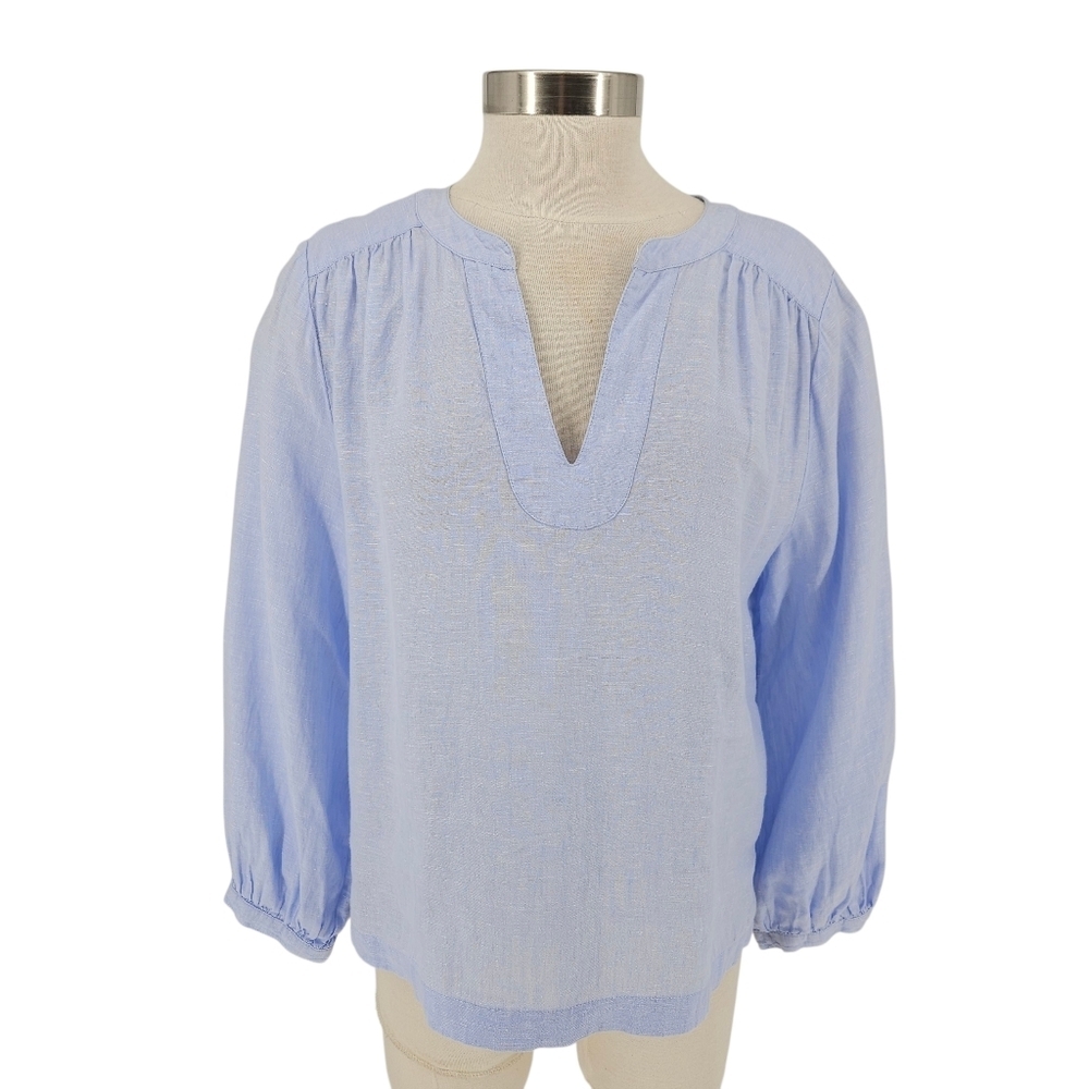 Halston Popover Shirt Linen Blue Long Sleeve V Neck Lightweight Top Large